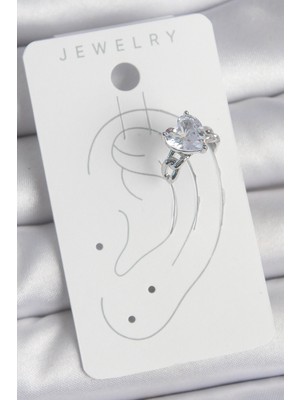 Aesco Pirinç Gümüş Renk Zirkon Taşlı Kalp Model Kadın Kıkırdak Küpe - Lisinya