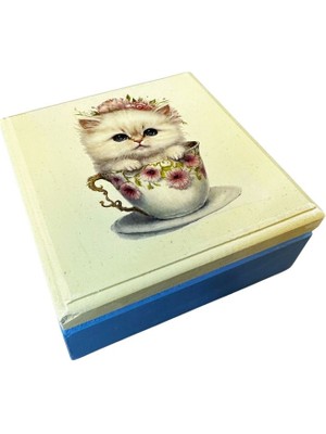 Uretti - Hülya 6683 5607 El Yapımı Nostaljik Retro Kedi Baskılı Kare Ahşap Dekoratif Saklama / Takı Kutusu