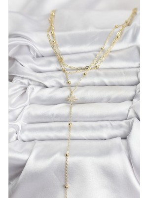 Aesco Pirinç Gold Renk Kutup Yıldızı Detaylı 3'lü Kombin Kadın Kolye - Lisinya