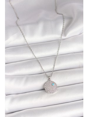 Aesco 316L Çelik Gümüş Renk Zincir Zirkon Taşlı Mavi Taş Detaylı Madalyon Model Kadın Kolye - Lisinya