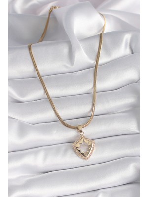 Aesco 316L Çelik Gold Renk Italyan Zincir Zirkon Taşlı Kutup Yıldız Işleme Kadın Kolye - Lisinya