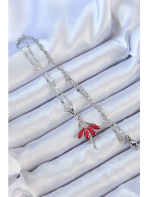 Aesco 316L Çelik Zincir Gümüş Renk Kırmızı Etekli Zirkon Taşlı Balerin Kolye - Lisinya