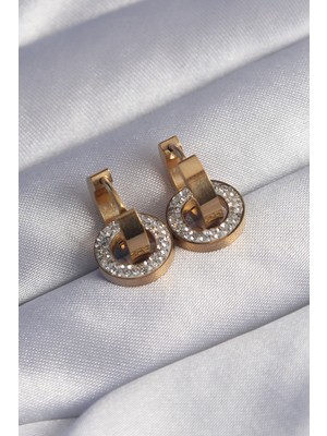 Aesco 316L Çelik Gold Renk Zirkon Taşlı Iç Içe Geçmeli Oval Küpe - Lisinya