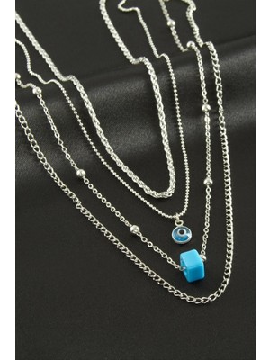 Zero Land Matrixzn Nazar Cam Boncuk Dörtlü Kolye - Gümüş Rengi