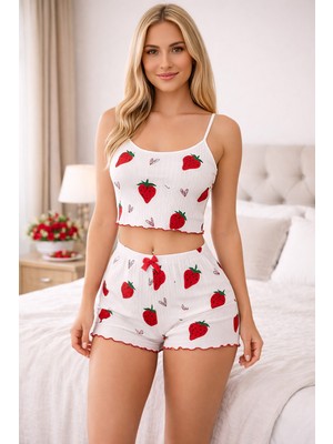 Burcumay Kadın Mini Crop Şortlu Kalpli Desenli Yazlık Pijama Takımı