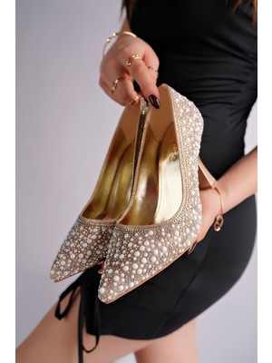 Muggo Stony Taş ve Inci Işlemeli Topuklu Nikah Düğün Gelin Topuklu Abiye Ayakkabı