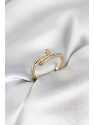 Prativas Zirkon Taşlı Gold Renk Yassı Çivi Model Kadın Yüzük - PRT3500EB10416