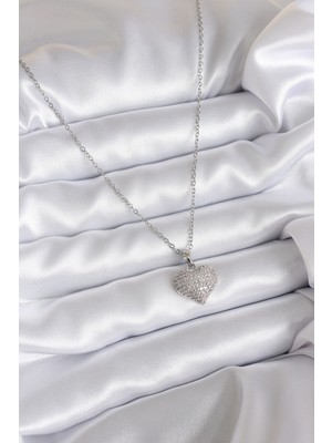 Aesco 316L Çelik Zincir Gümüş Renk Zirkon Taş Detay Kalp Model Kadın Kolye - Lisinya