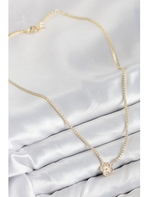 Aesco Pirinç Zirkon Taşlı Yonca Model Gold Renk Kadın Kolye - Lisinya