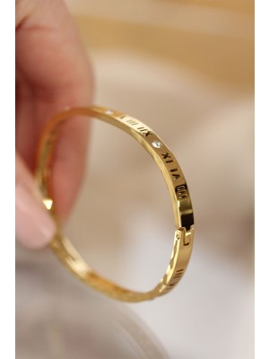 Aesco 316L Çelik Roma Rakamlı Gold Renk Bilezik Kelepçe - Lisinya