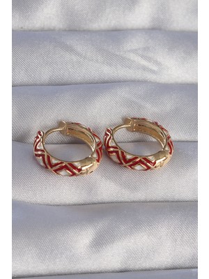 Aesco Pirinç Gold Renk Kırmızı Etnik Desenli Halka Küpe - Lisinya