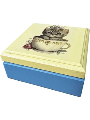 Uretti - Hülya 6683 1487 El Yapımı Nostaljik Retro Kedi Baskılı Kare Ahşap Dekoratif Saklama / Takı Kutusu
