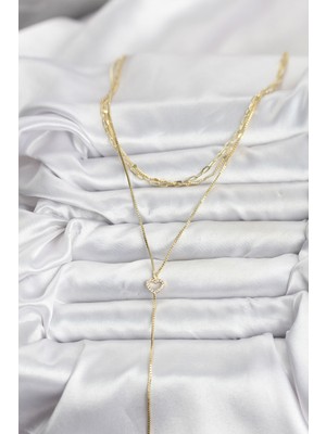 Aesco Pirinç Gold Renk Kalp Detaylı 3'lü Kombin Y Kadın Kolye - Lisinya