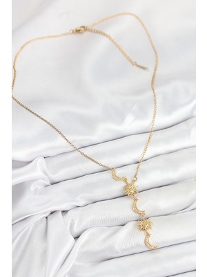 Aesco 316L Çelik Zirkon Taşlı Güneş ve Ay Model Gold Renk Kadın Kolye - Lisinya