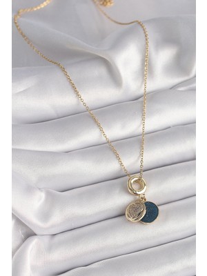 Aesco 316L Çelik Gold Renk Zincir Zirkon Taşlı Kalp Model Mavi Simli Kadın Kolye - Lisinya
