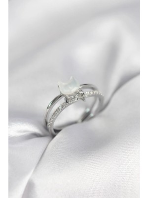 Prativas Gümüş Renk Sedefli Kedi Model Fiyonklu Zirkon Taşlı Kadın Yüzük - PRT3500EB10471