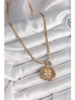 Aesco 316L Çelik Gold Renk Italyan Zincir Dorika Yonca Model Nazar Boncuk Detay Kadın Kolye - Lisinya