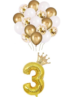 Nexa 3 Rakam Folyo Balon, Kral Tacı ve Konfetili Balon