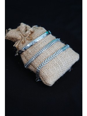 Aesco Kombin Bileklik Gümüş Kılçık Tırtıl ve Düz Cırt Model 3 Adet Birden