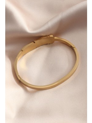 Aesco Gold Renk Yaprak Model Zirkon Taş Detay Kelepçe Kadın Bileklik - Lisinya