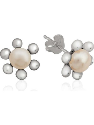 Fm Gümüş Inci Çiçek Çivili Küpe