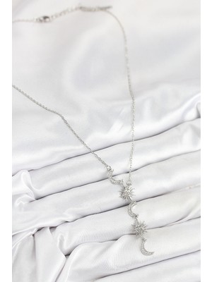 Aesco 316L Çelik Zirkon Taşlı Güneş ve Ay Model Gümüş Renk Kadın Kolye - Lisinya