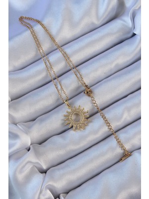 Aesco 316L Çelik Zincir Altın Renk Zirkon Taşlı Parlayan Güneş Kolye - Lisinya