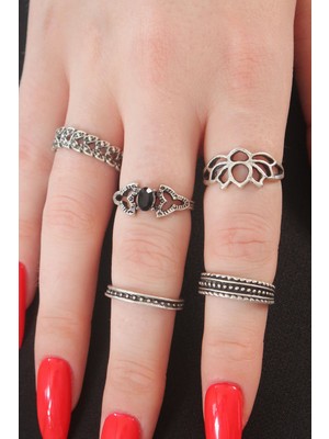 Aesco Gümüş Renk Lotus Model Siyah Kristal Taş Detay Bayan Yüzük Kombin - Lisinya