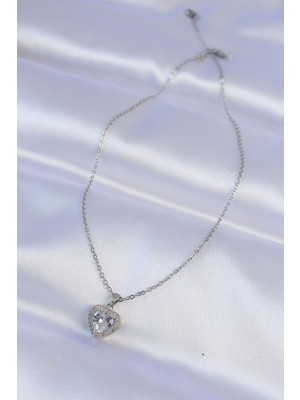 Aesco 316L Çelik Zincir Gümüş Renk Zirkon Taşlı Charm Kalp Kolye - Lisinya