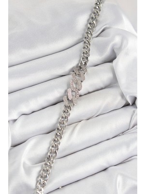 Aesco Pirinç Zirkon Taşlı Ezme Küba Zincir Model Gümüş Renk Kadın Bileklik - Lisinya