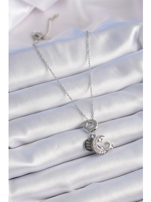 Aesco 316L Çelik Gümüş Renk Zirkon Taşlı Ay Yıldız  Figür Charm Model Kadın Kolye - Lisinya