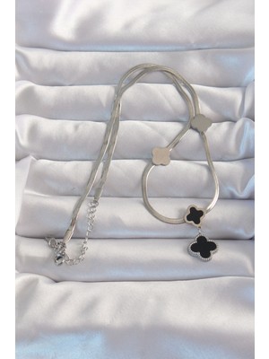 Aesco 316L Çelik Gümüş Renk Italyan Zincirli Mineli Yonca Kolye - Lisinya