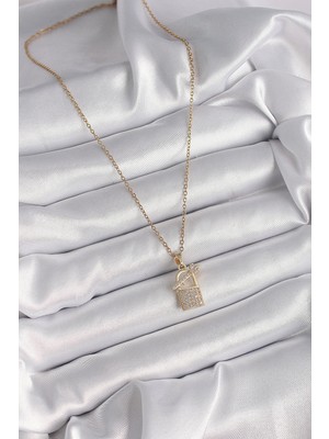 Aesco 316L Çelik Gold Renk Zincir Zirkon Taşlı Asma Kilit Anahtar Model Kadın Kolye - Lisinya