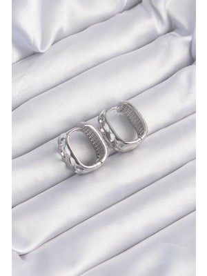 Aesco Pirinç Gümüş Renk Zirkon Taşlı Minimal Halka Küpe - Lisinya