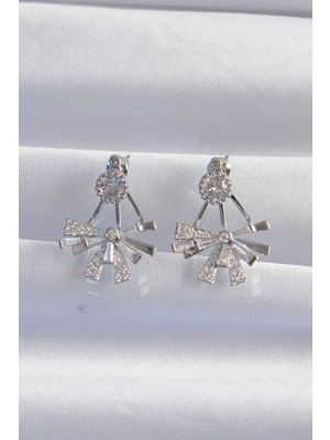 Aesco Pirinç Gümüş Renk Zirkon Taşlı Yassı Fiyonk Model Küpe - Lisinya