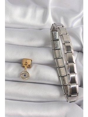 Aesco 316L Çelik Gold Renk Sallantı Zirkon Taşlı Göz Model Nomination Charm - Lisinya