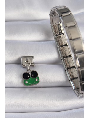 Aesco 316L Çelik Gümüş Renk Sallantılı Yeşil Kurbağa Figür Nomination Charm - Lisinya