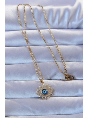 Aesco 316L Altın Renk Zirkon Taşlı Nazarlı Göz Kolye - Lisinya