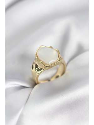 Prativas Gold Renk Beyaz Taşlı Vintage Kadın Yüzük - PRT3500EB10419