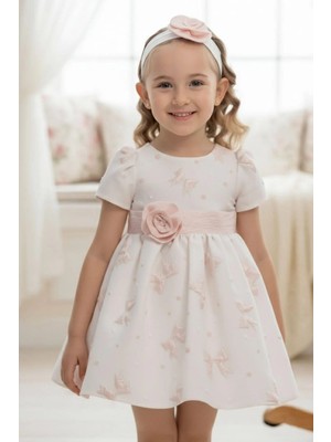 Pamina Kız Bebek Kurdele Motifli ve Çiçekli Saç Bantlı Detaylı Elbisesi 6-24 Ay Pudra