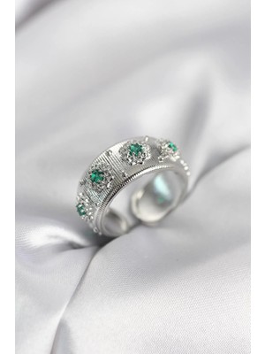 Prativas Yeşil Zirkon Taşlı Gümüş Renk Vintage Kadın Yüzük - PRT3500EB10538