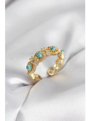 Prativas Mavi Taşlı Gold Renk Vintage Kadın Yüzük - PRT3500EB10596