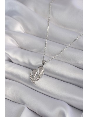 Aesco 316L Çelik Gümüş Renk Zirkon Taşlı Kanat Model Kadın Kolye - Lisinya