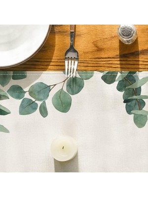 Nexa Masa Örtüsü, 33X275 cm Kolay Temizlenebilir Yaz Yeşil Bitki Desenli, Okaliptüs Yapraklı Masa Örtüsü, Ev Düğün Parti Dekorasyonu Için Uygun
