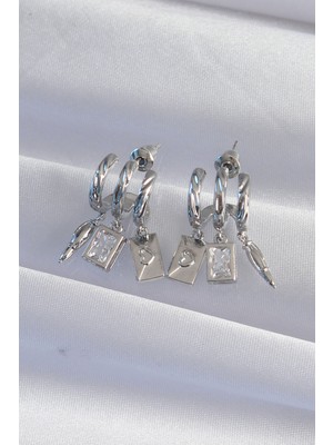 Aesco Pirinç Gümüş Renk Zirkon Taşlı Çoklu Aksesuarlı Yarım Halka Kaburga Küpe - Lisinya