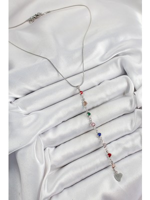 Aesco Pirinç Gümüş Renk Karışık Renk Zirkon Taşlı Kalpli Y Kadın Kolye - Lisinya