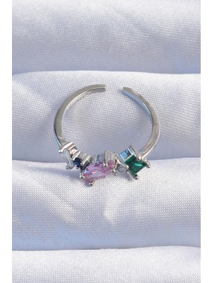 Aesco Pirinç Gümüş Renk Renkli Zirkon Taşlı Ayarlanabilir Yüzük - Lisinya