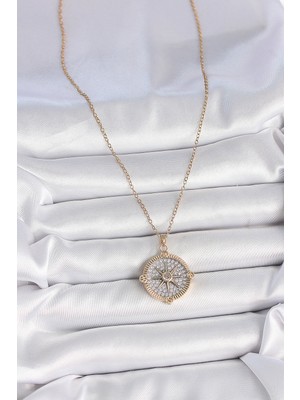 Aesco 316L Çelik Gold Renk Zirkon Taşlı Pusula Model Kadın Kolye - Lisinya