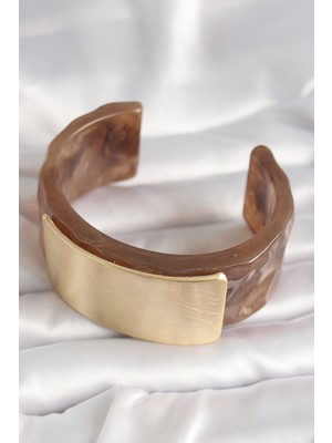 Aesco Kahverengi Mermer Desen Akrilik Platik Gold Dikdörtgen Plaka Model Vintage Kadın Bilezik - Lisinya