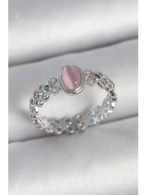 Prativas Pirinç Gümüş Renk Zirkon Taş Detaylı Pembe Mineli Damla Model Ayarlanabilir Kadın Yüzük – PRT3500EB05485